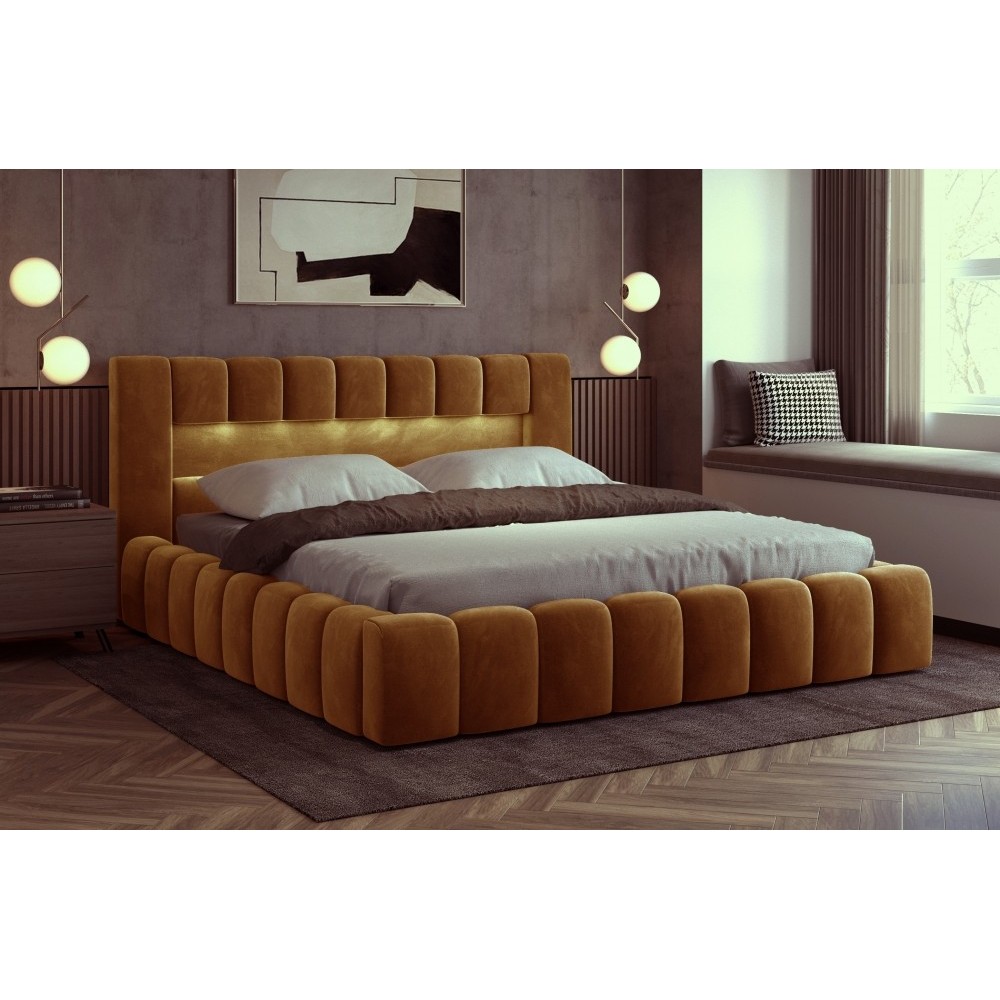 Lit 160x200 rembourré en velours luxe avec coffre et éclairage LED, couleur bronze, LANA Lit 160x200 rembourré en velours luxe avec coffre et éclairage LED, couleur bronze, LANA