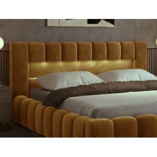 Lit 160x200 rembourré en velours luxe avec coffre et éclairage LED, couleur bronze, LANA