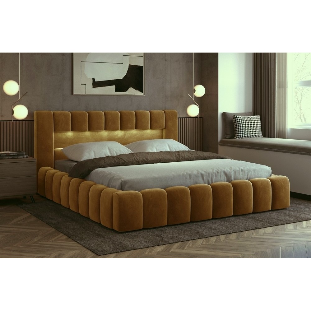 Lit 180x200 rembourré en velours luxe avec coffre et éclairage LED, bronze, LANA Lit 180x200 rembourré en velours luxe avec coffre et éclairage LED, bronze, LANA