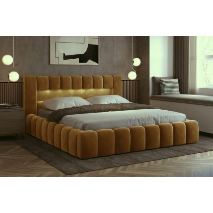 Lit 180x200 rembourré en velours luxe avec coffre et éclairage LED, bronze, LANA