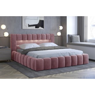 Lit 160x200 rembourré en velours luxe avec coffre et éclairage LED, rose, LANA