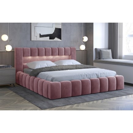 Lit 160x200 rembourré en velours luxe avec coffre et éclairage LED, rose, LANA