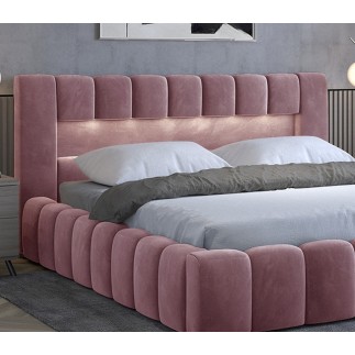 Lit 160x200 rembourré en velours luxe avec coffre et éclairage LED, rose, LANA
