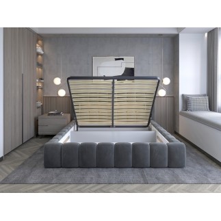 Lit 180x200 rembourré en velours luxe avec coffre et éclairage LED, rose, LANA