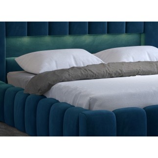Lit 140x200 rembourré en velours luxe avec coffre et éclairage LED, bleu, LANA