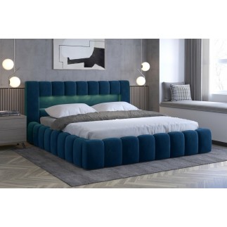 Lit 180x200 rembourré en velours luxe avec coffre et éclairage LED, bleu, LANA