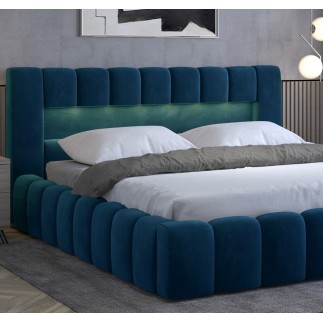 Lit 180x200 rembourré en velours luxe avec coffre et éclairage LED, bleu, LANA