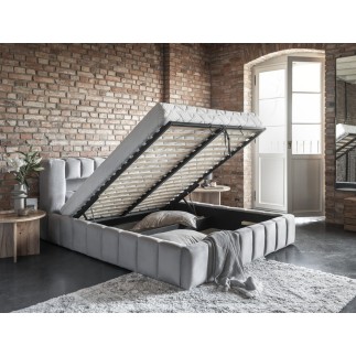 Lit 140x200 rembourré en velours luxe avec coffre et éclairage LED, gris, LANA