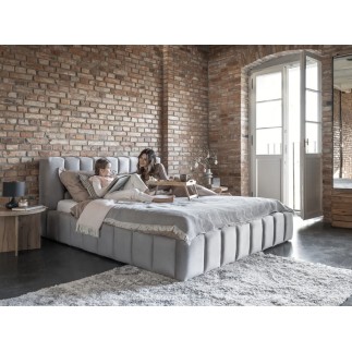 Lit 140x200 rembourré en velours luxe avec coffre et éclairage LED, gris, LANA