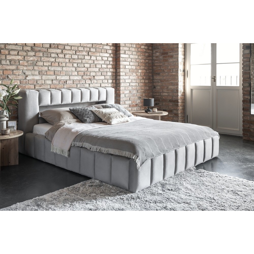 Lit 160x200 rembourré en velours luxe avec coffre et éclairage LED, gris, LANA Lit 160x200 rembourré en velours luxe avec coffre et éclairage LED, gris, LANA