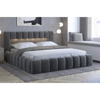 Lit 140x200 rembourré en velours luxe avec coffre et éclairage LED, gris foncé, LANA