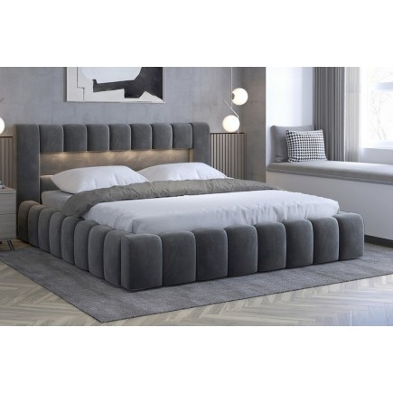 Lit 140x200 rembourré en velours luxe avec coffre et éclairage LED, gris foncé, LANA