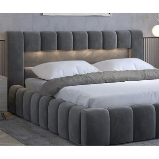 Lit 140x200 rembourré en velours luxe avec coffre et éclairage LED, gris foncé, LANA