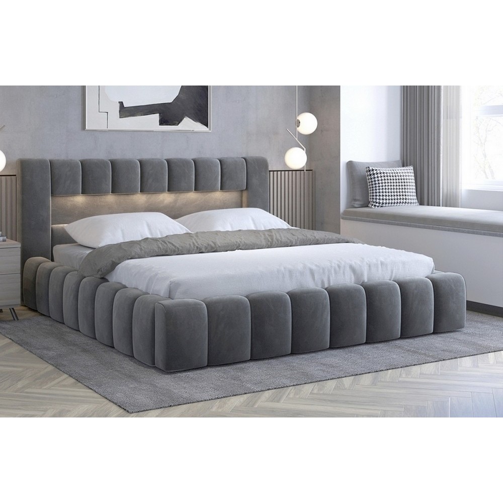 Lit 180x200 rembourré en velours luxe avec coffre et éclairage LED, gris foncé, LANA Lit 180x200 rembourré en velours luxe avec coffre et éclairage LED, gris foncé, LANA