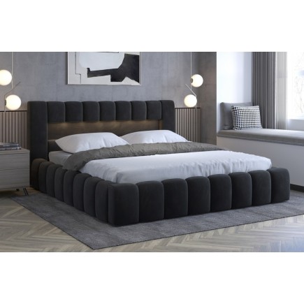 Lit 140x200 rembourré en velours luxe avec coffre et éclairage LED, anthracite, LANA