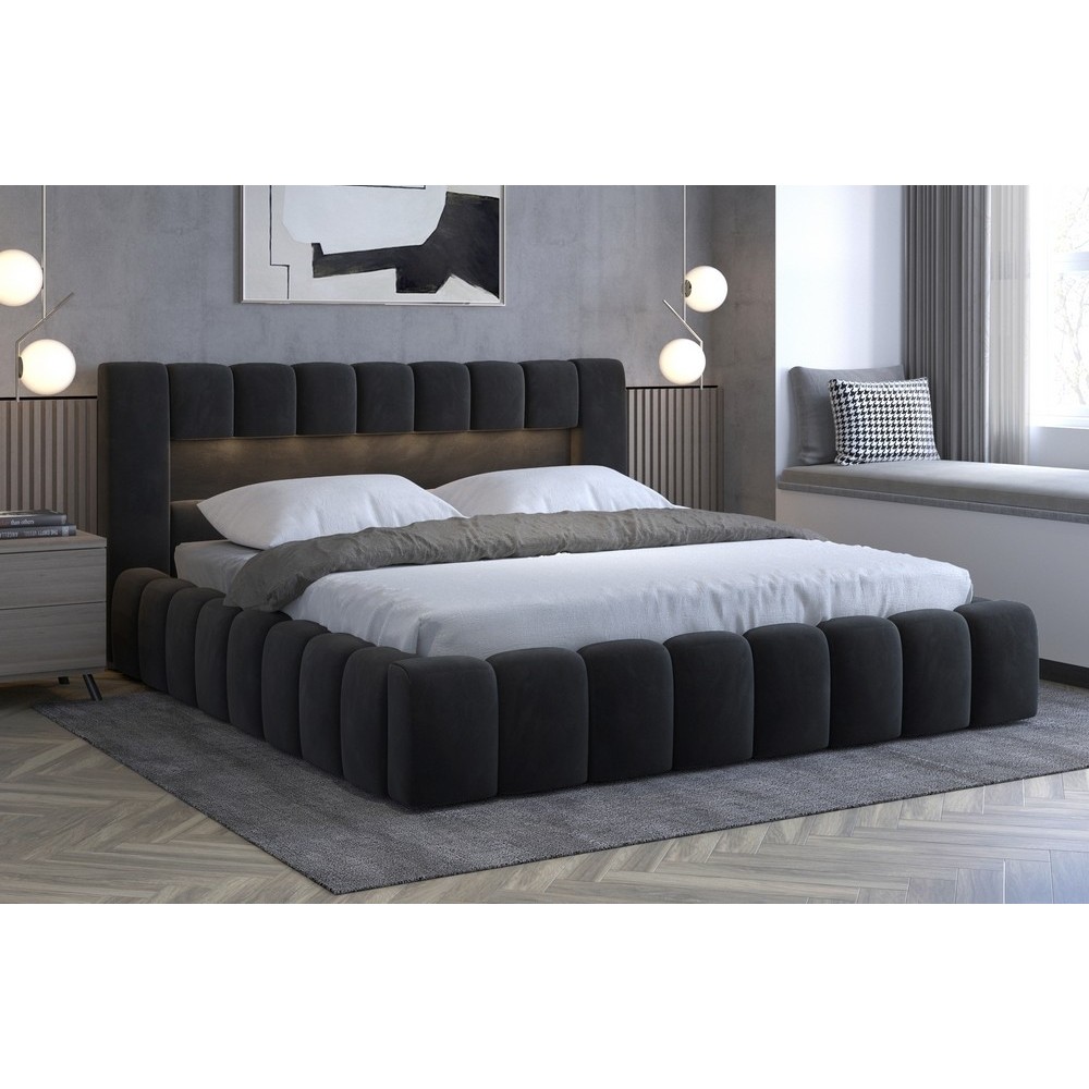 Lit 160x200 rembourré en velours luxe avec coffre et éclairage LED, anthracite, LANA Lit 160x200 rembourré en velours luxe avec coffre et éclairage LED, anthracite, LANA