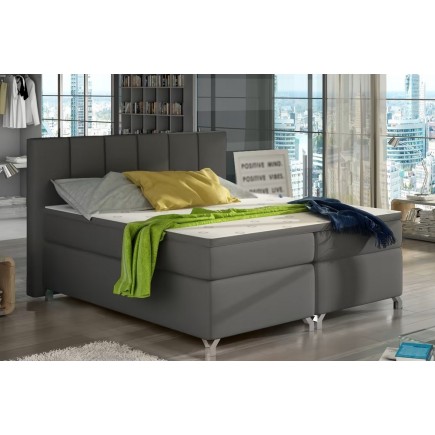 Ensemble boxspring complet tête de lit + sommiers + matelas + surmatelas BASSANO - en simili cuir gris foncé - 140x200 cm
