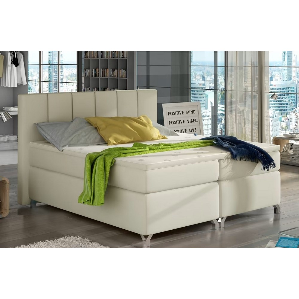 Ensemble boxspring complet tête de lit + sommiers + matelas + surmatelas BASSANO - en simili cuir beige - 140x200 cm