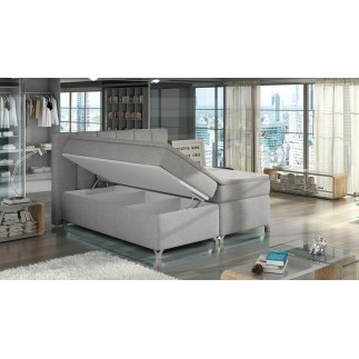 Ensemble boxspring complet tête de lit + sommiers + matelas + surmatelas BASSANO - en tissu gris chiné - 140x200 cm