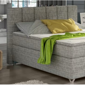Ensemble boxspring complet tête de lit + sommiers + matelas + surmatelas BASSANO - en tissu gris chiné - 140x200 cm