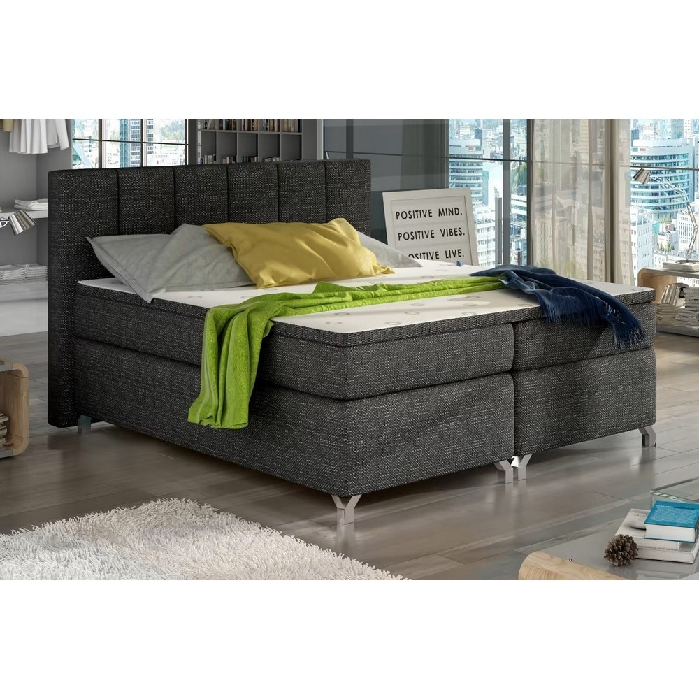 Ensemble boxspring complet tête de lit + sommiers + matelas + surmatelas BASSANO - en tissu gris-noir - 140x200 cm Ensemble boxspring complet tête de lit + sommiers + matelas + surmatelas BASSANO - en tissu gris-noir - 140x200 cm