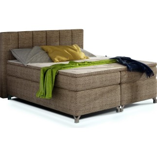 Ensemble boxspring complet tête de lit + sommiers + matelas + surmatelas BASSANO - en tissu marron chiné - 140x200 cm