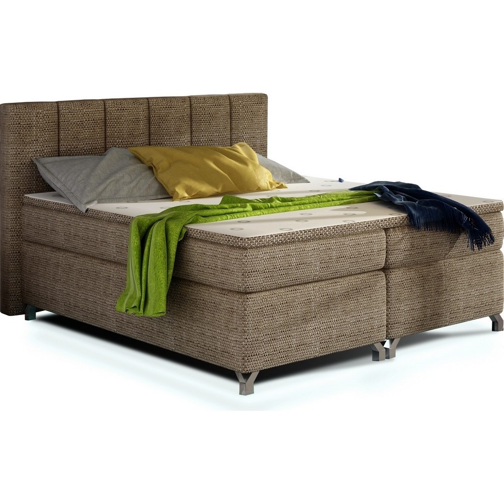 Ensemble boxspring complet tête de lit + sommiers + matelas + surmatelas BASSANO - en tissu marron chiné - 140x200 cm Ensemble boxspring complet tête de lit + sommiers + matelas + surmatelas BASSANO - en tissu marron chiné - 140x200 cm