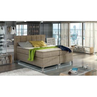 Ensemble boxspring complet tête de lit + sommiers + matelas + surmatelas BASSANO - en tissu marron chiné - 140x200 cm