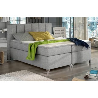 Ensemble boxspring complet tête de lit + sommiers + matelas + surmatelas BASSANO - en tissu gris - 180x200 cm