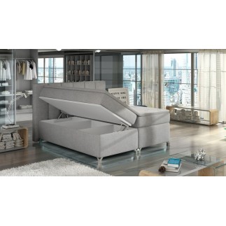 Ensemble boxspring complet tête de lit + sommiers + matelas + surmatelas BASSANO - en tissu gris chiné - 160x200 cm