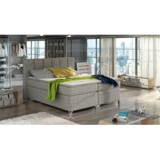 Ensemble boxspring complet tête de lit + sommiers + matelas + surmatelas BASSANO - en tissu gris chiné - 180x200 cm