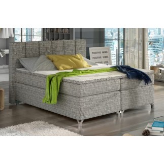 Ensemble boxspring complet tête de lit + sommiers + matelas + surmatelas BASSANO - en tissu gris chiné - 180x200 cm