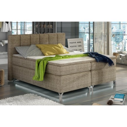 Ensemble boxspring complet tête de lit + sommiers + matelas + surmatelas BASSANO - en tissu marron chiné - 180x200 cm