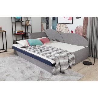 Banquette lit gigogne en tissu de qualité bicolore noir et gris-vert, angle gauche - AGATA