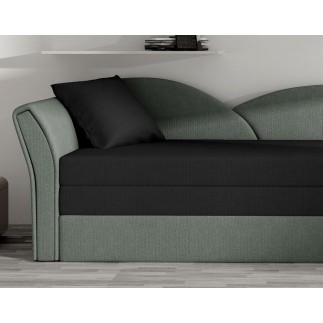 Banquette lit gigogne en tissu de qualité bicolore noir et gris-vert, angle gauche - AGATA