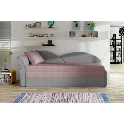 Banquette lit gigogne en tissu de qualité rose et gris, angle gauche - AGATA, 3 places