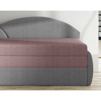 Banquette lit gigogne en tissu de qualité rose et gris, angle gauche - AGATA