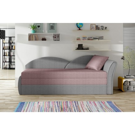 Banquette lit gigogne en tissu de qualité rose et gris, angle droit - AGATA, 3 places