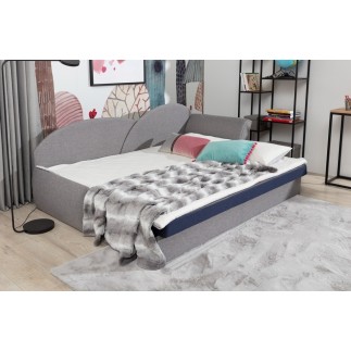 Banquette lit gigogne en tissu de qualité rose et gris, angle droit - AGATA