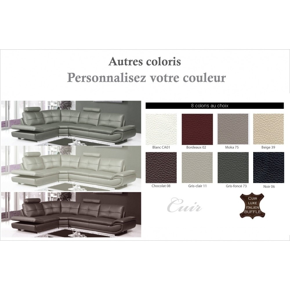 Canapé d'angle en cuir buffle italien de luxe 6/7 places BELLALIGNA, couleur personnalisée, angle gauche