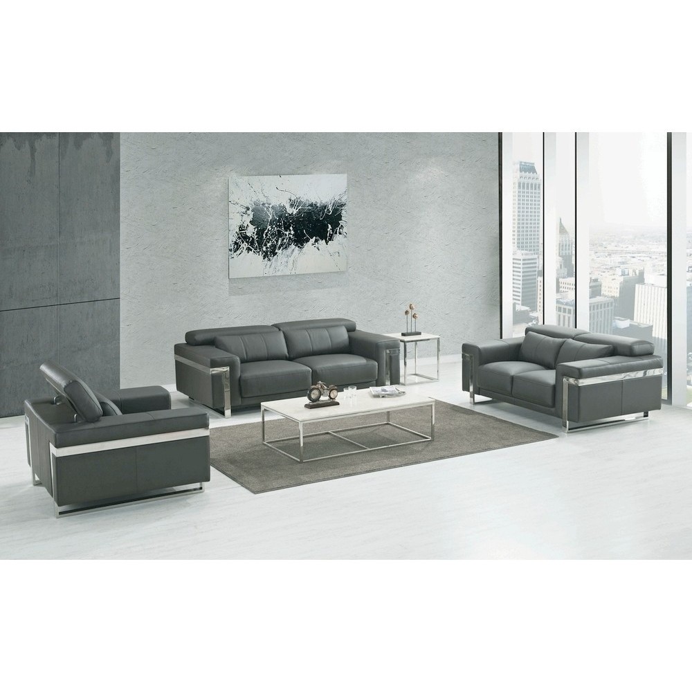 Ensemble canapé 3 places et 2 places et fauteuil en cuir italien buffle VERONE, couleur gris foncé Ensemble canapé 3 places et 2 places et fauteuil en cuir italien buffle VERONE, couleur gris foncé