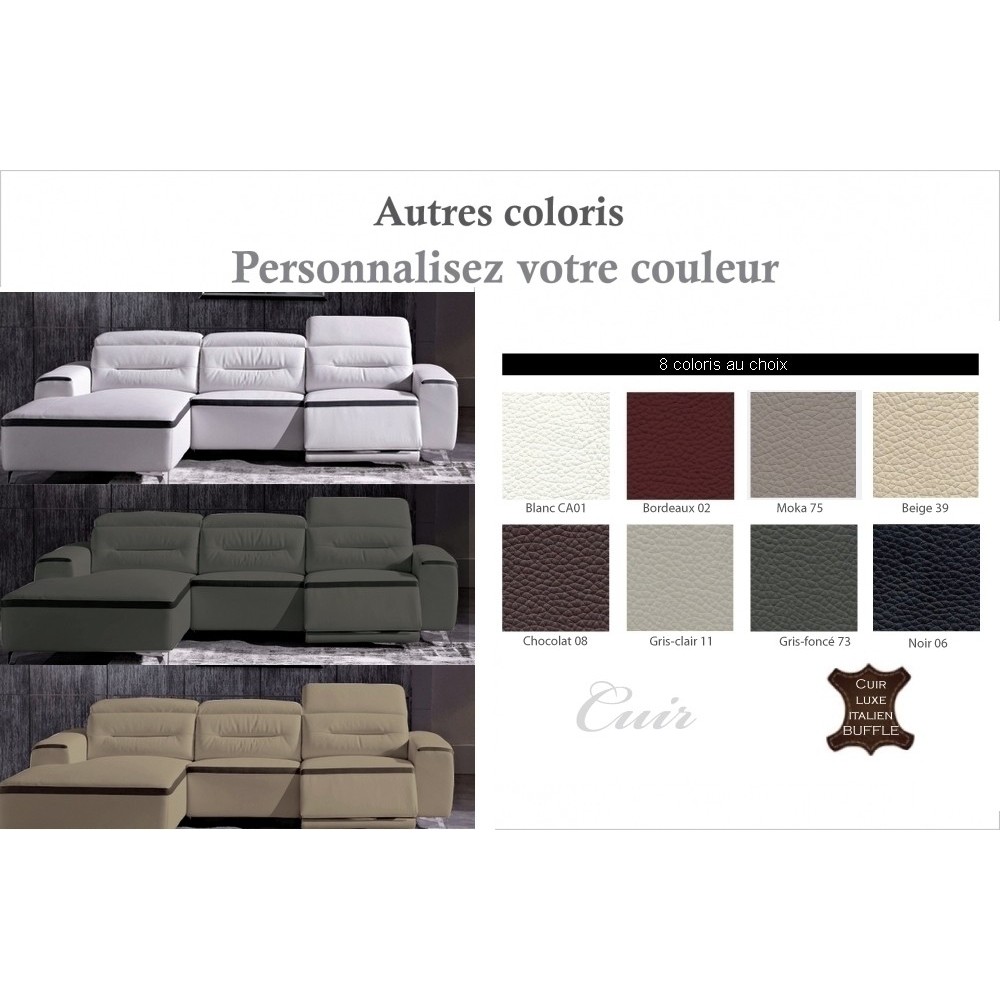 Canapé d'angle relax en cuir buffle italien de luxe FUNRELAX, couleurs personnalisées, angle gauche, 5 places Canapé d'angle relax en cuir buffle italien de luxe FUNRELAX, couleurs personnalisées, angle gauche, 5 places