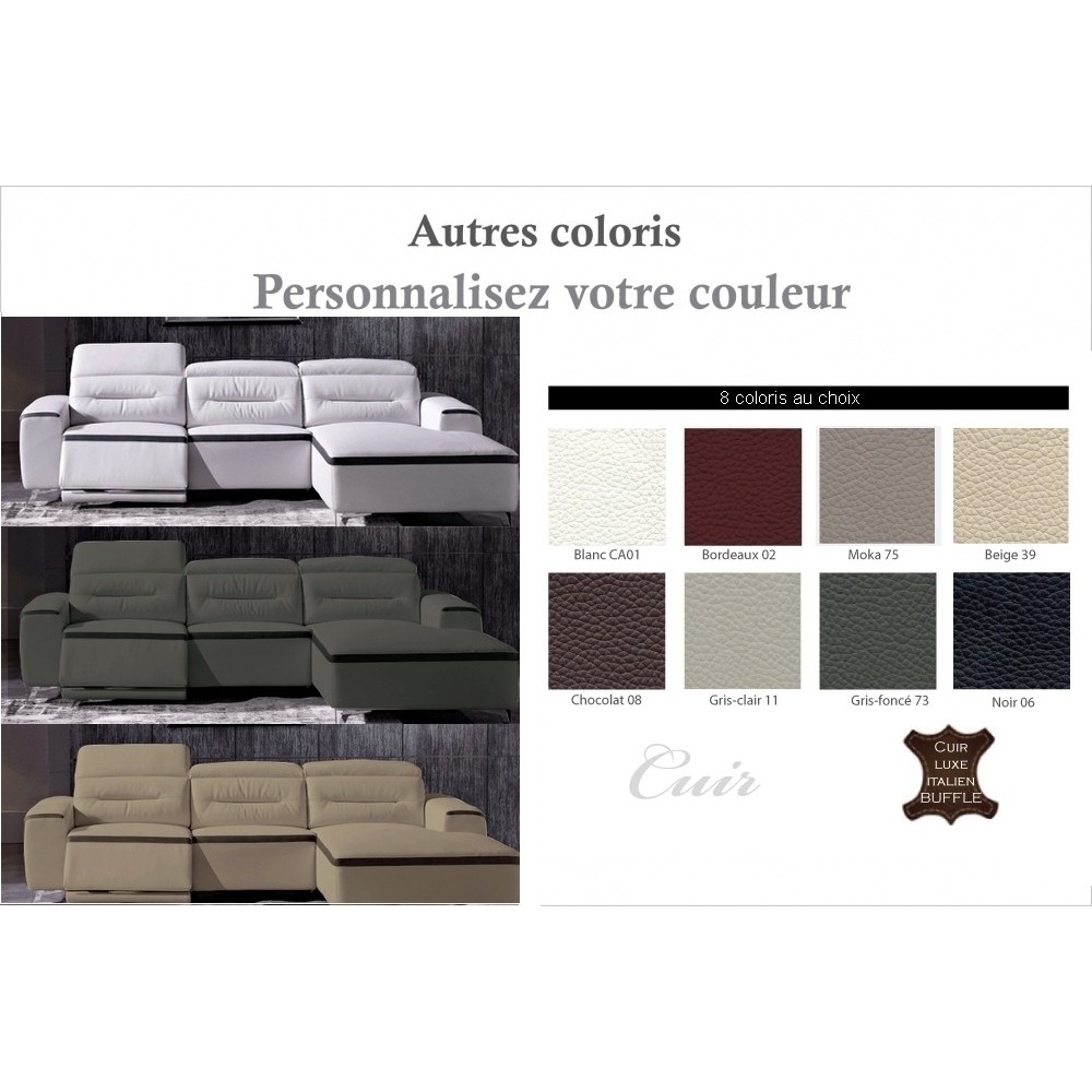 Canapé d'angle relax en cuir buffle italien de luxe FUNRELAX, couleurs personnalisées, angle droit, 5 places Canapé d'angle relax en cuir buffle italien de luxe FUNRELAX, couleurs personnalisées, angle droit, 5 places