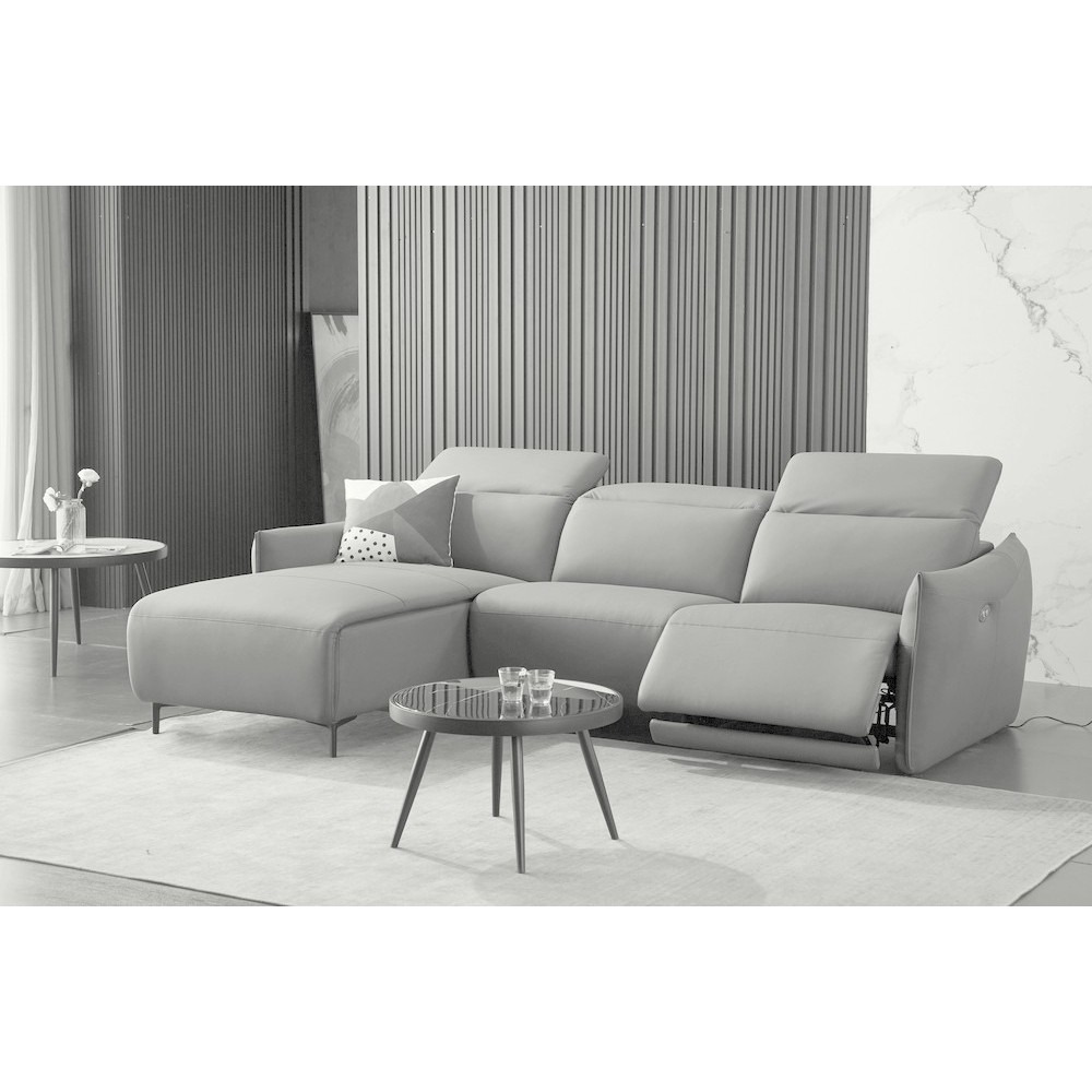 Canapé d'angle avec un relax électrique en cuir de buffle italien de luxe 6 places BOSTON gris clair, angle gauche
