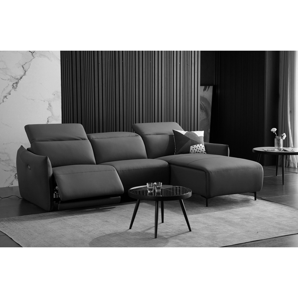 Canapé d'angle avec un relax électrique en cuir de buffle italien de luxe 6 places BOSTON noir, angle droit Canapé d'angle avec un relax électrique en cuir de buffle italien de luxe 6 places BOSTON noir, angle droit