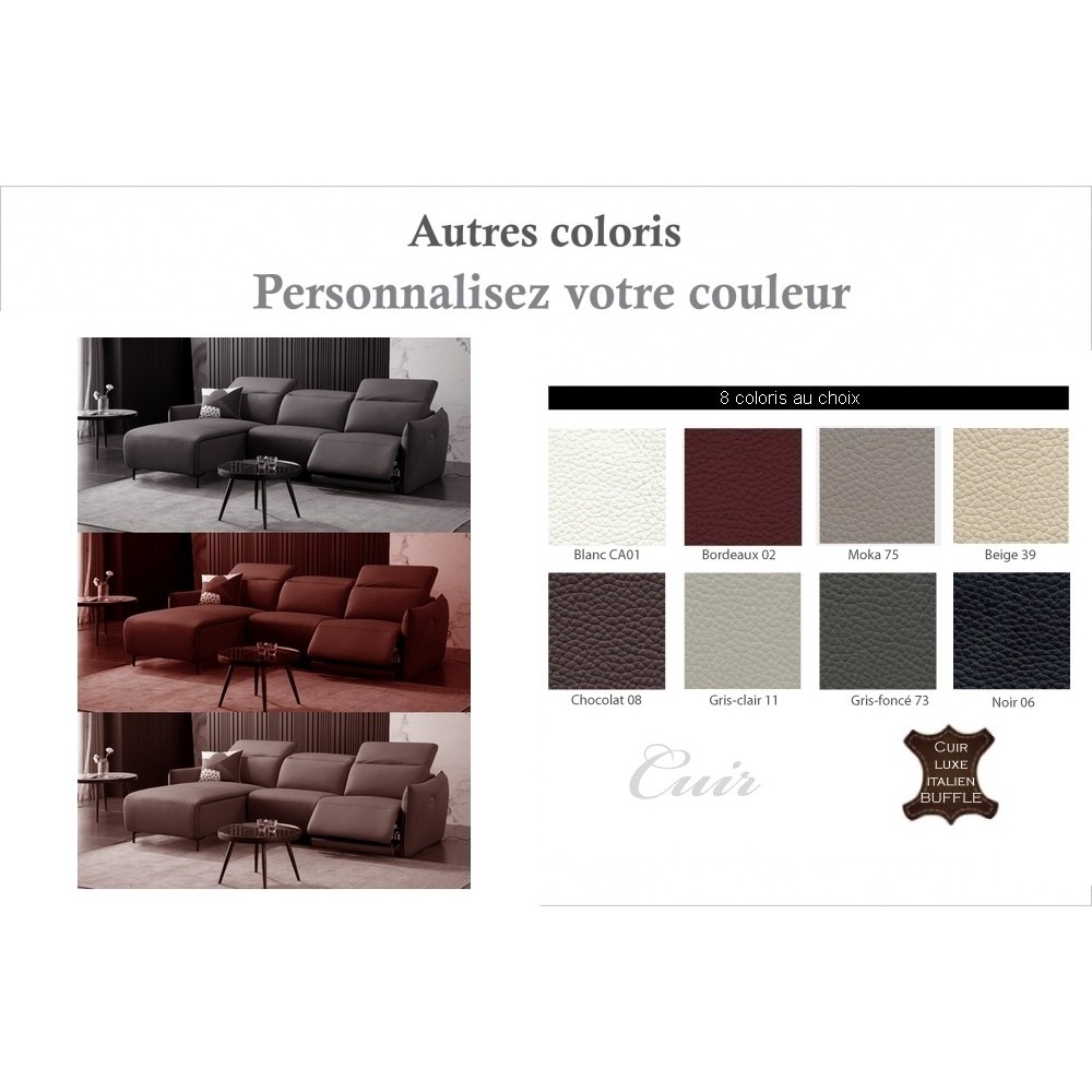 Canapé d'angle avec un relax électrique en cuir de buffle italien de luxe 6 places BOSTON couleur personnalisée, angle gauche Canapé d'angle avec un relax électrique en cuir de buffle italien de luxe 6 places BOSTON couleur personnalisée, angle gauche