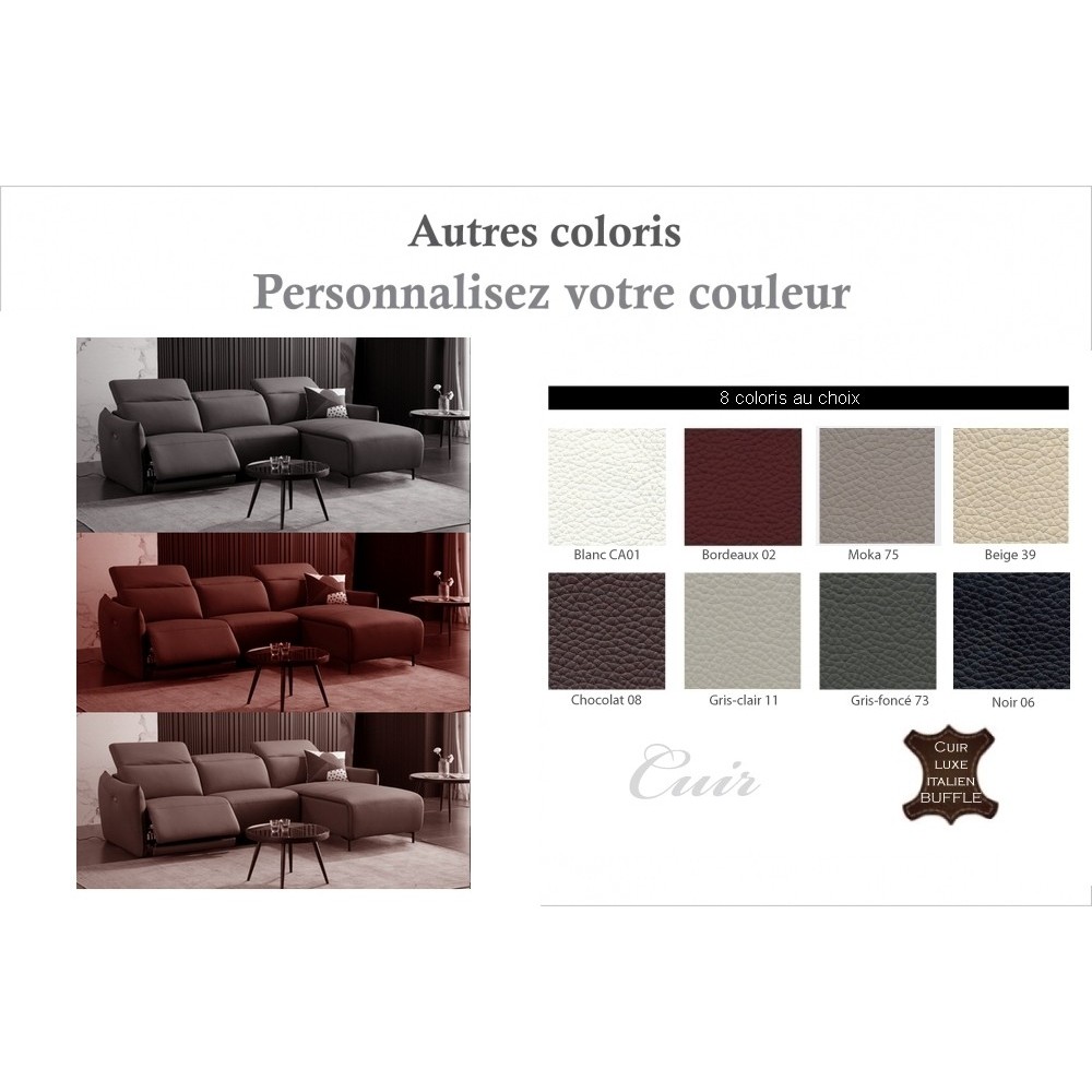 Canapé d'angle avec un relax électrique en cuir de buffle italien de luxe 6 places BOSTON couleur personnalisée, angle droit