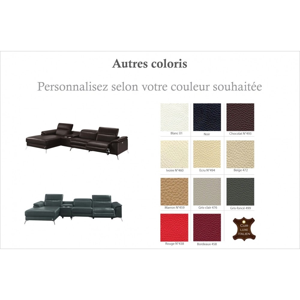 Canapé d'angle en cuir italien 5 places RELAXIA, couleur personnalisée, angle gauche