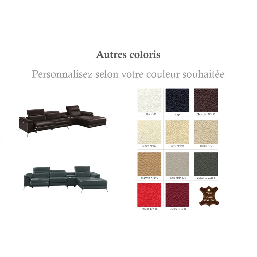 Canapé d'angle en cuir italien 5 places RELAXIA, couleur personnalisée, angle droit Canapé d'angle en cuir italien 5 places RELAXIA, couleur personnalisée, angle droit