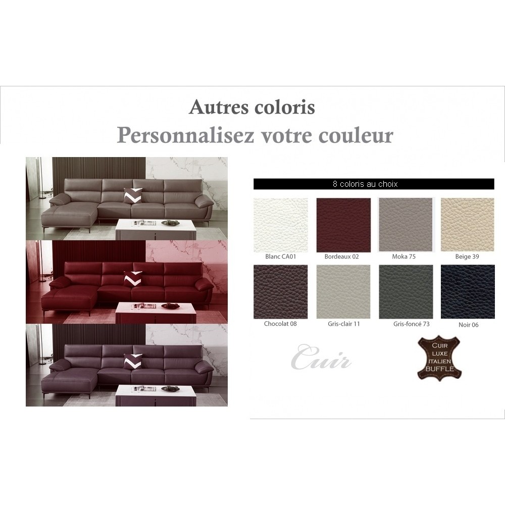 Canapé d'angle en cuir buffle italien de luxe 6/7 places MATTEO, couleur personnalisée, angle gauche Canapé d'angle en cuir buffle italien de luxe 6/7 places MATTEO, couleur personnalisée, angle gauche